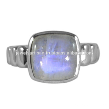 Solid Silver Handmade Designer Ring com Rainbow Moonstone Casual Jóias